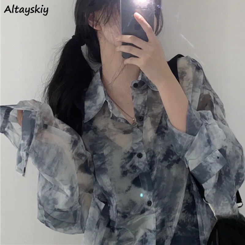 

Женские солнцезащитные рубашки Tie Dye, тонкие прозрачные летние топы в Корейском стиле с длинным рукавом для отдыха и колледжа, универсальные крутые свободные рубашки для девушек