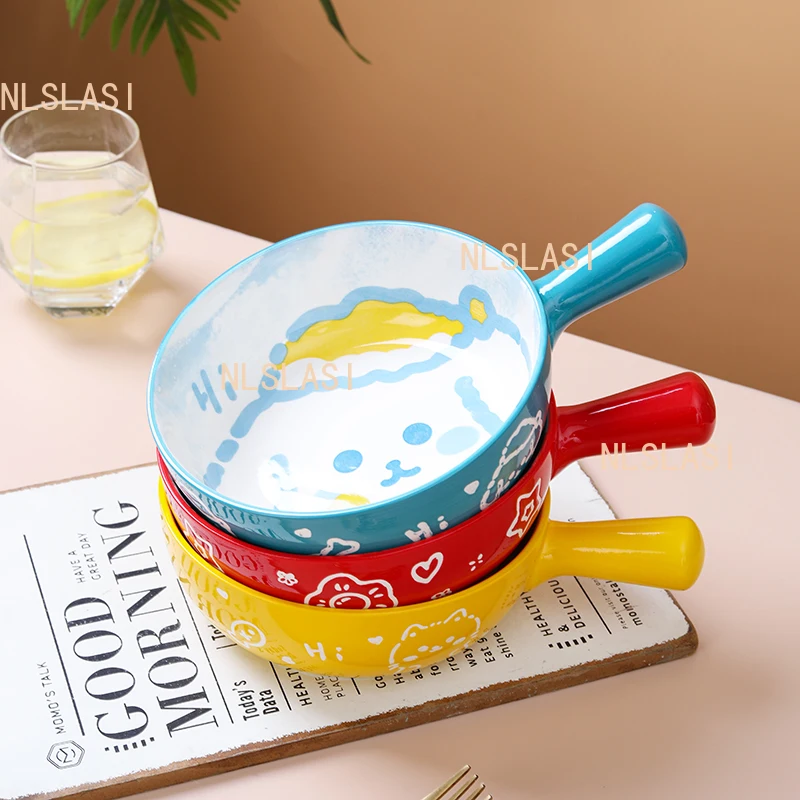 1pcs Oven Specific Ceramic Baking Bowl Household Fruit Salad Bowl with Handle Cartoon Single Handle Noodle Tableware Plate