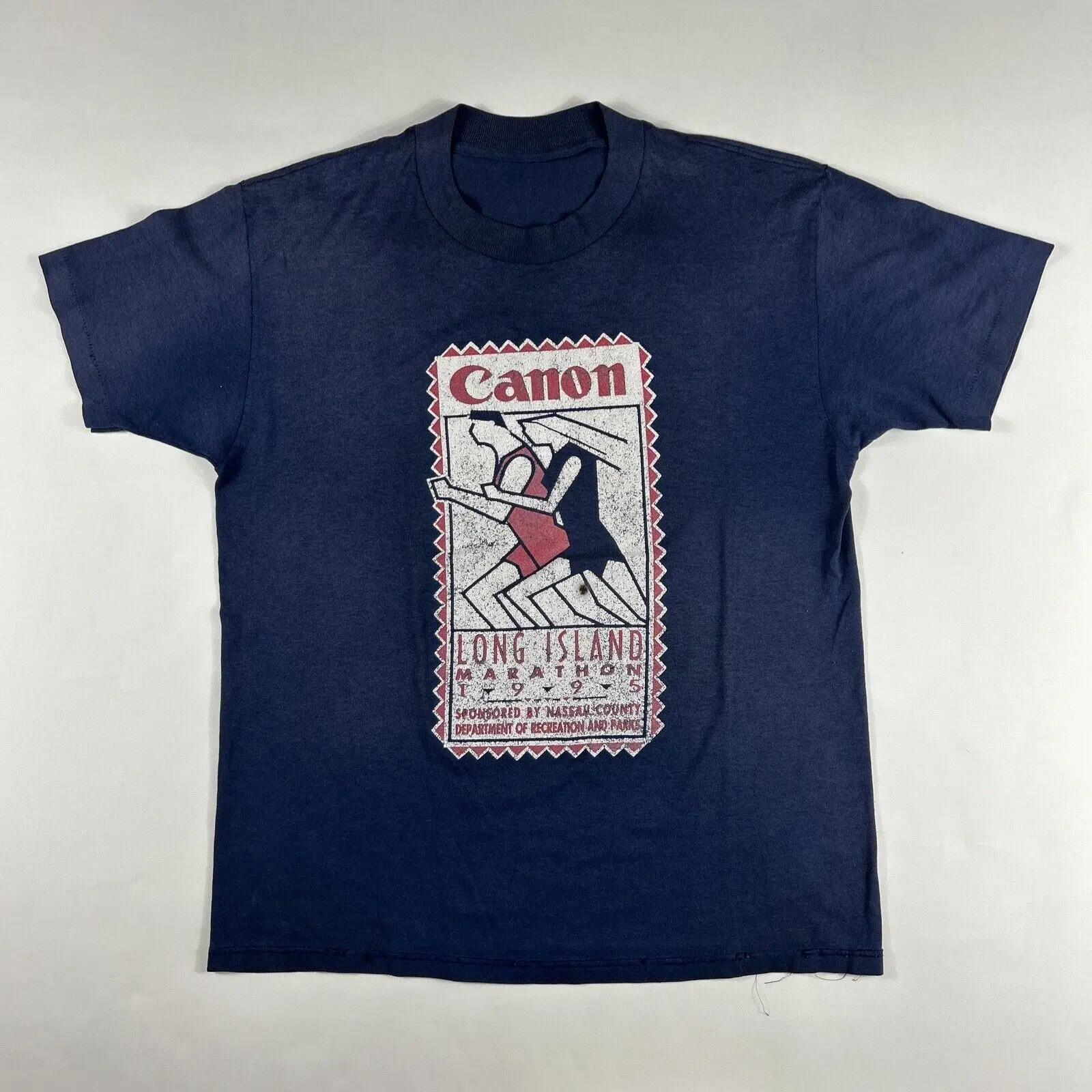 Vintage 1995 Canon Camera Shirt Long Island Marathon Size M Maniche Lunghe