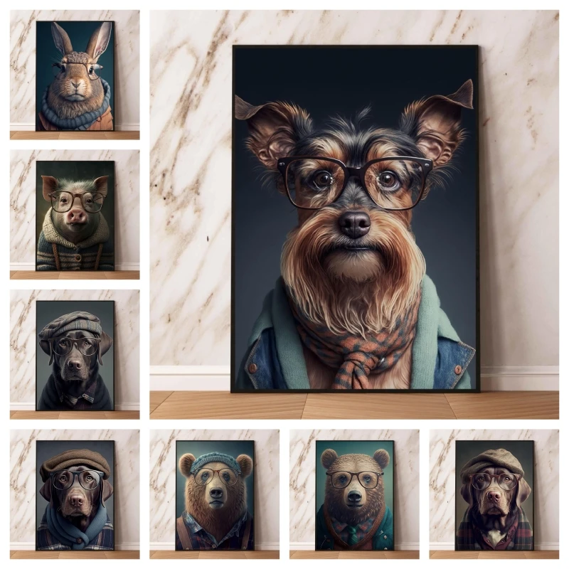 

Canvas Printing Hipster Bear in Clothes Modular Painting Cartoon Character Picture Poster Home Comics Pictures High Quality Art
