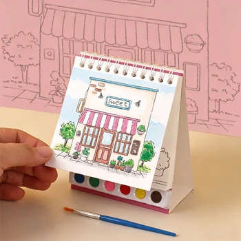 Libro di pittura ad acquerello con kit da colorare e pennello, 20 pagine, giocattolo portatile per disegnare, arte, animali, edifici, oceano, fiori, regalo per bambini e adulti