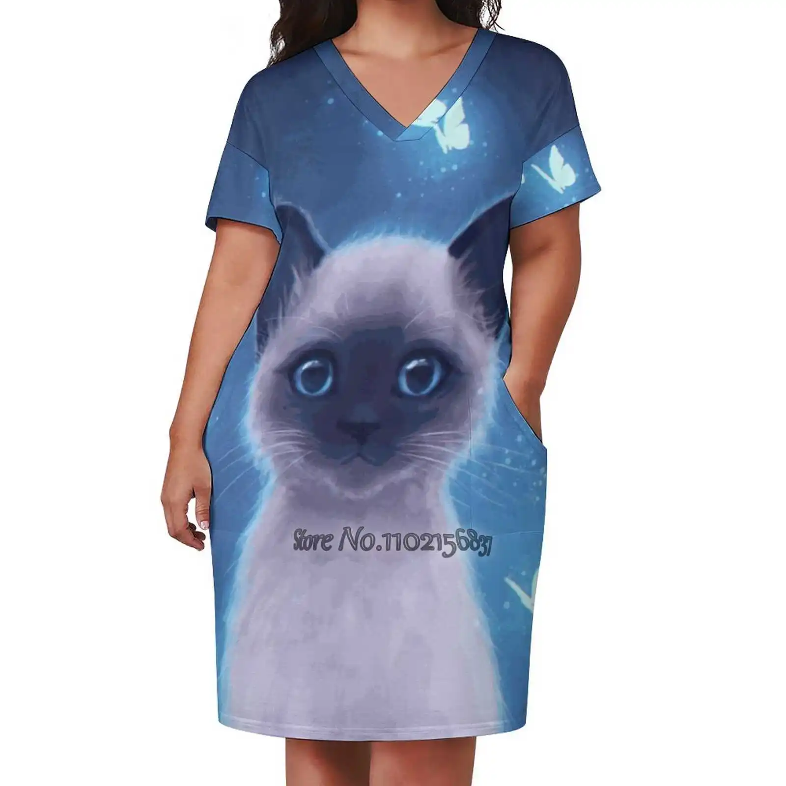 

Siamese Kitten Fashion Street Dress Loose V-Neck Short Sleeve Skirt Casual Party Skirt 5Xl Cat Cute Kawaii Adorable Kitten