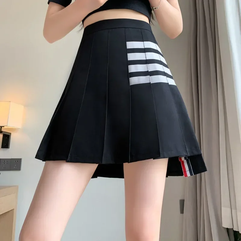 

2023 New High Quality Women Skirt Fashion TB Stripe High Waist Zipper A-line Pleated Anti wrinkle Inner Lining Sweet Cute Skirt