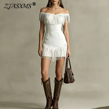 Spring Sexy Strapless Tassel Vintage Clothes Woman Elegant Off Shoulder Backless Party Dresses Summer Solid Slim Boho Mini Dress 1