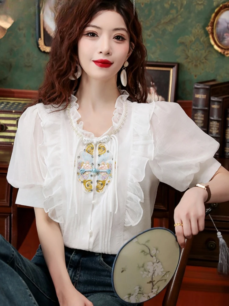 

New Chinese Style Frog Button Short Sleeve Chiffon Blouses for Women Summer 2024 New Ruffled Chic Puff Sleeve Shirt Tops