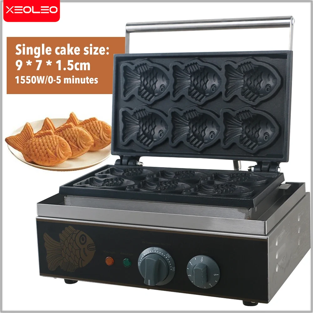 XEOLEO Fish Waffle Machine Taiyaki Machine Fish Waffle Baker 6 Molds Taiyaki Fish Shaped Waffle Pan Maker Machine Non-stick