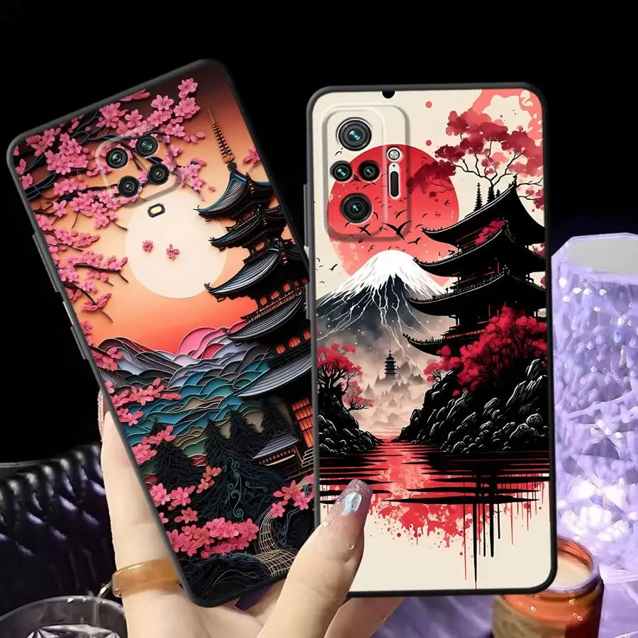 Japanese Ancient House Painting Black Soft Phone Case