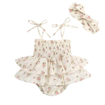 Baby Girl Floral Romper Dress Newborn Infants Sleeveless Summer Straps Dress Rompers Playsuit with Headband