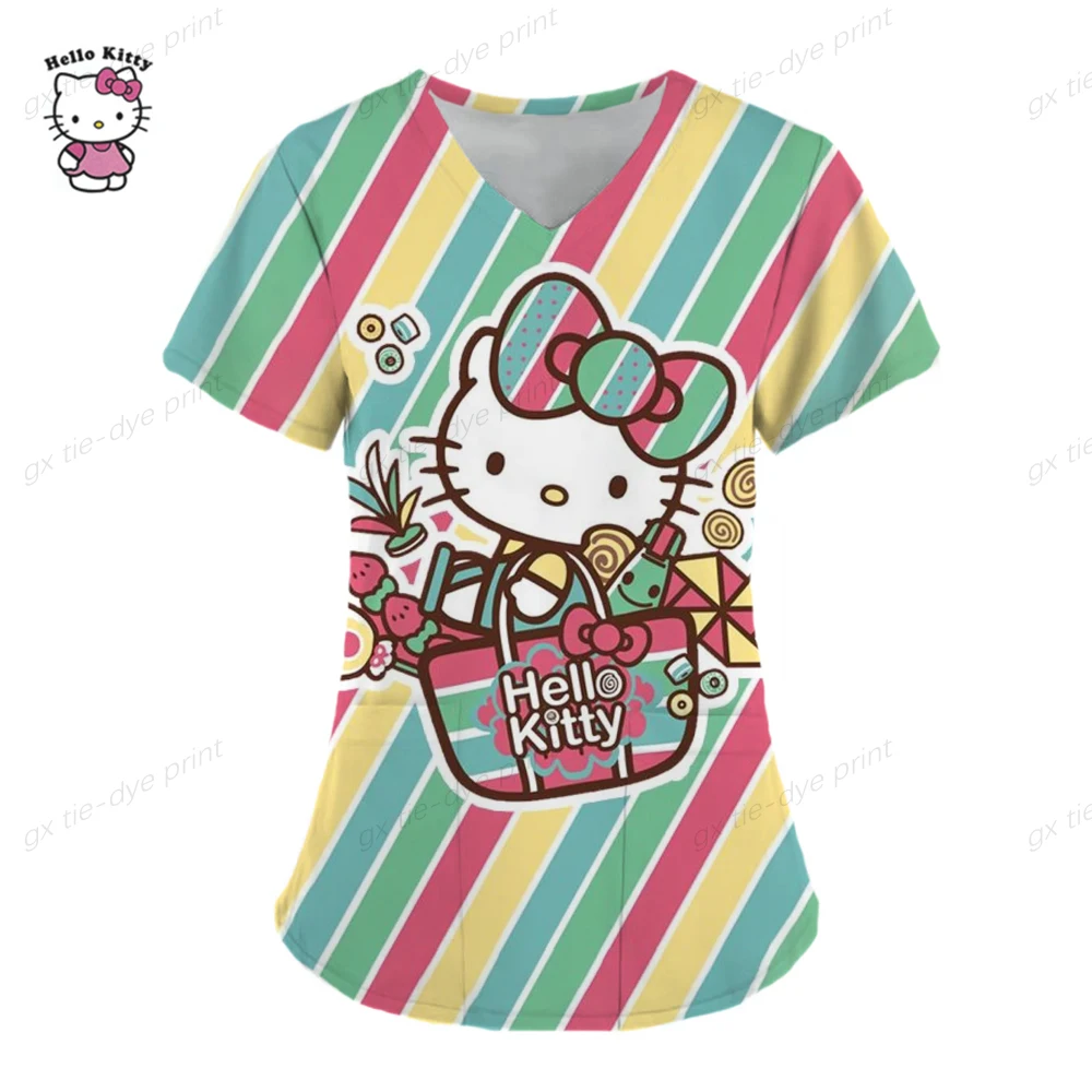thumbnail image 1 of Camisetas de verano con cuello en V de Hello Kitty, camisetas de hospital para mujer 2023, uniforme de enfermera, ropa de mujer, camisetas con bolsillo, camisetas, 1 of 5