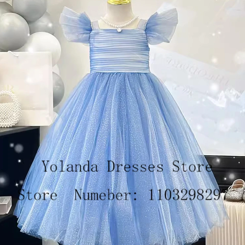 

Blue Exquisite Flower Girl Dress Princess Tiered Tulles First Communion Gown High Quality Square Collar Ball Gown Prom Dresses