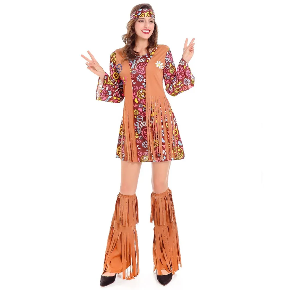 

Vintage Women 60s 70s Peace Love Hippie Cosplay Costumes Halloween Carnival Party Hippie Tassels Dress Performance Stage Wear