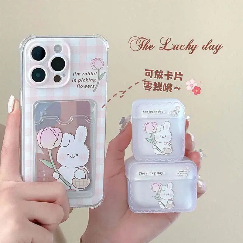 Cartoon Cute Rabbit Bear Card Holder Slot Bag Clear Phone Case For IPhone 17 Air 16 15 14 12 11 Pro Max 13 Mini Plus Soft Cover 3