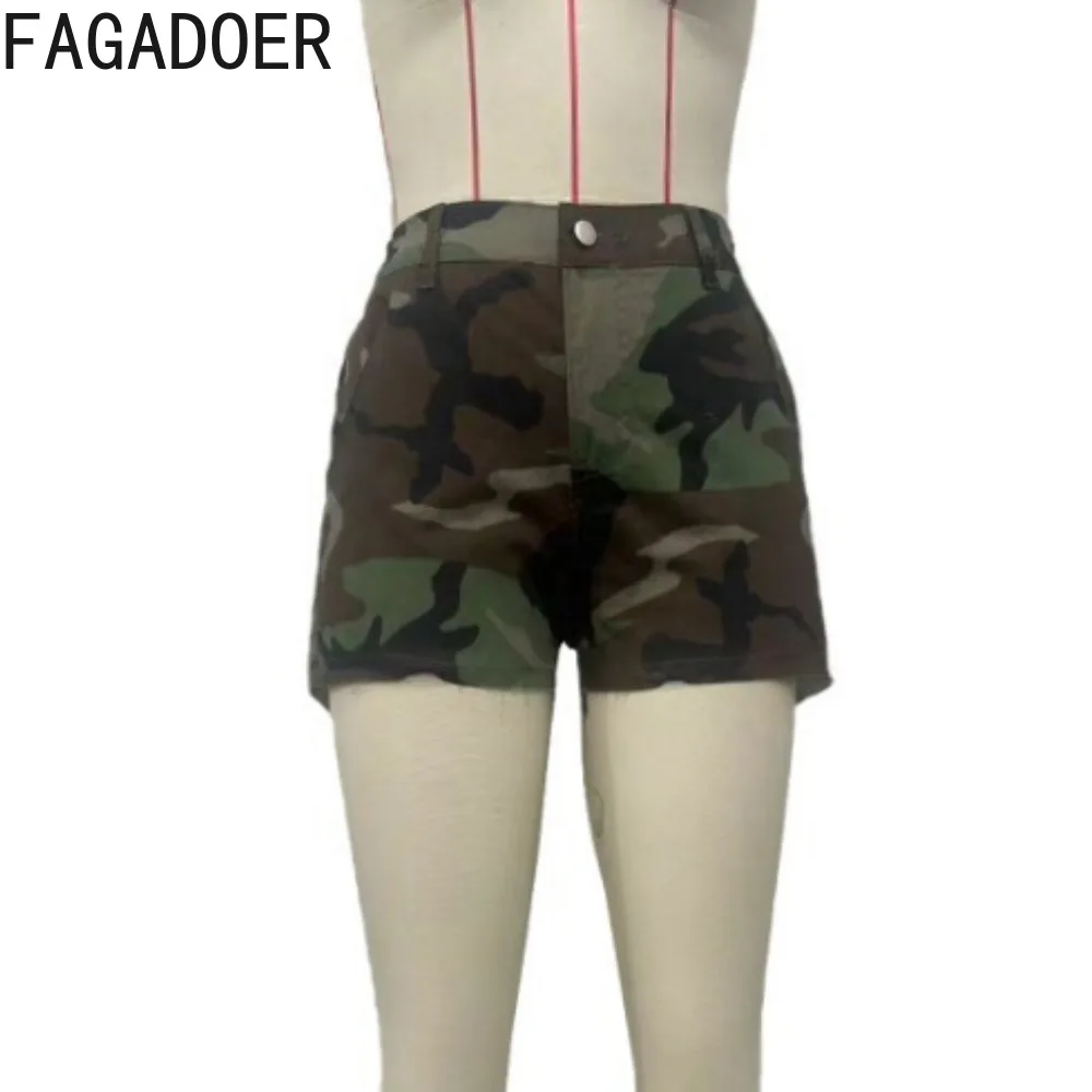 FAGADOER Summer New Camouflage Printing Slim Shorts Women High Waisted Button Pocket Shorts Fashion Female Sporty Bottoms 2024