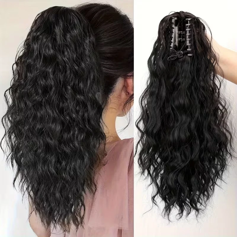 합성 20인치 긴 웨이브 곱슬머리 풍성한 포니테일 헤어 익스텐션 클립형 헤어피..