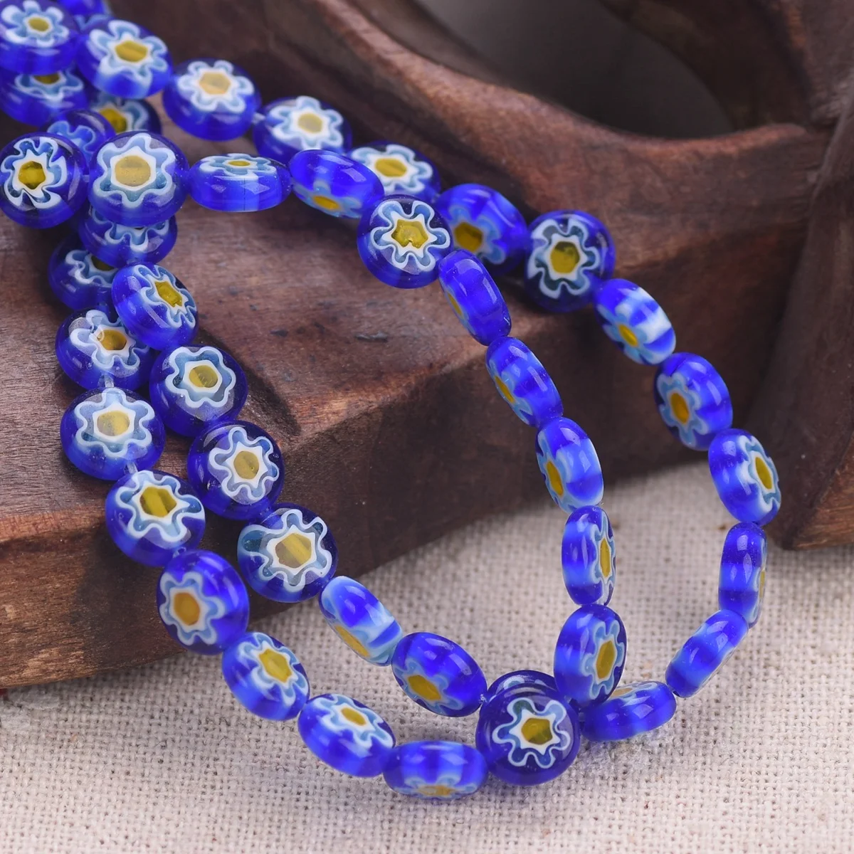 

45pcs(1 Strand) Flat Round 8mm Blue Floral Handmade Millefiori Glass Loose Beads Lot For Jewelry Making DIY Crafts Findings