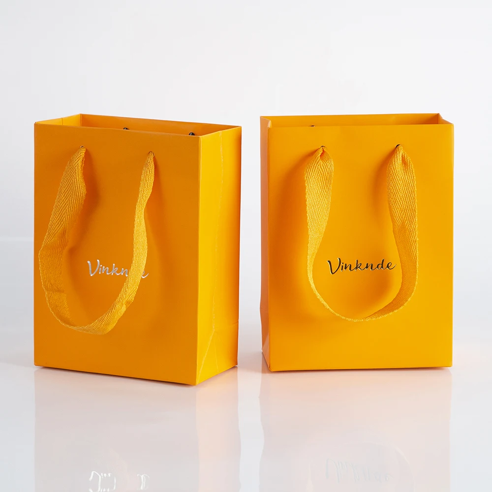 100pcs Paper Gift Bags Orange Paper Bags with Handles Custom Logo12x6x16cm Small Sizes Gift Tote Bags Shopping Party Favor Bags