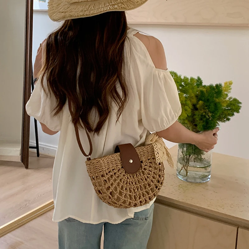 Ladies Semicircle Straw Handbag with Adjustable Strap Casual Hollow Woven Sling Bag for Travel Vacation And Commute