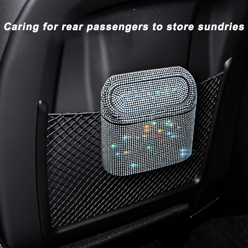 Diamond Crystal Car Trash Can Bin with Lid Leakproof Mini Vehicle Trash Bin Glitter Garbage Dustbin Organizer Container Bag