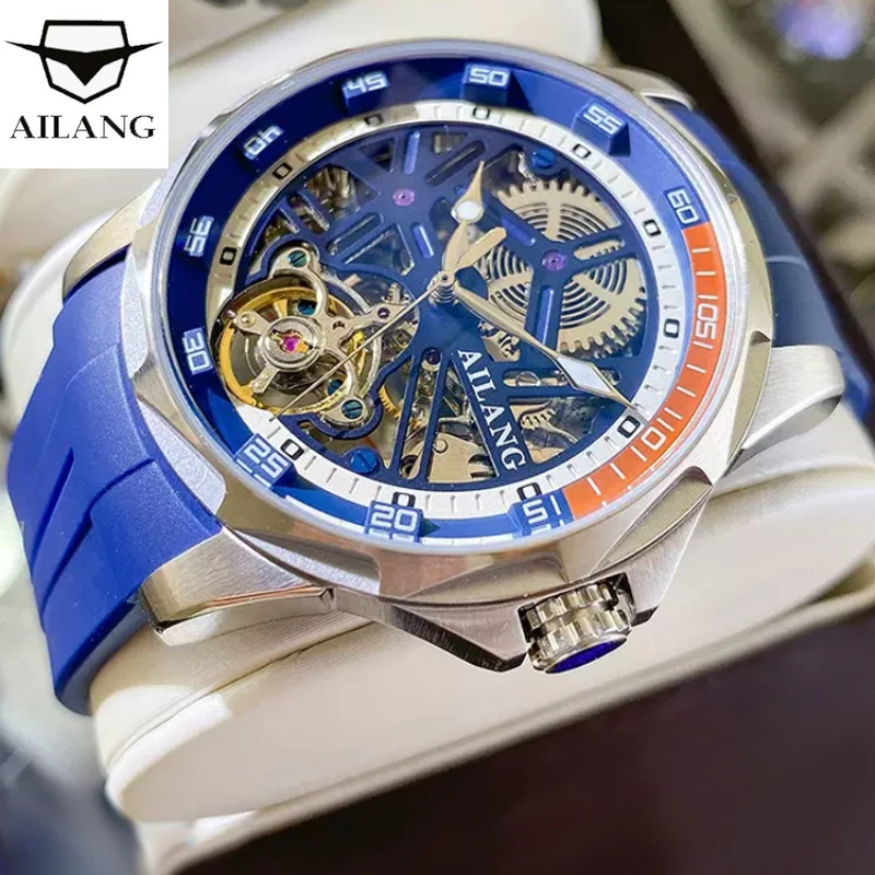 

AILANG Brand New Fashion Blue Mechanical Watch for Men Sports Rubber Strap Waterproof Skeleton Luxury Tourbillon Watches Mens