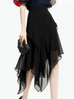 Summer Slimming High Waist Bla Chiffon Asymmetrical Skirt Women's Faionable Draped Thin Sle f-length Skirt - Image 4