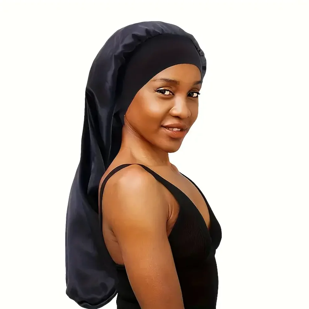 Hair Bonnet Soft Black Satin for Sleep & Shower Elastic Comfortable Wrap for Hair Protection and Style Preservation