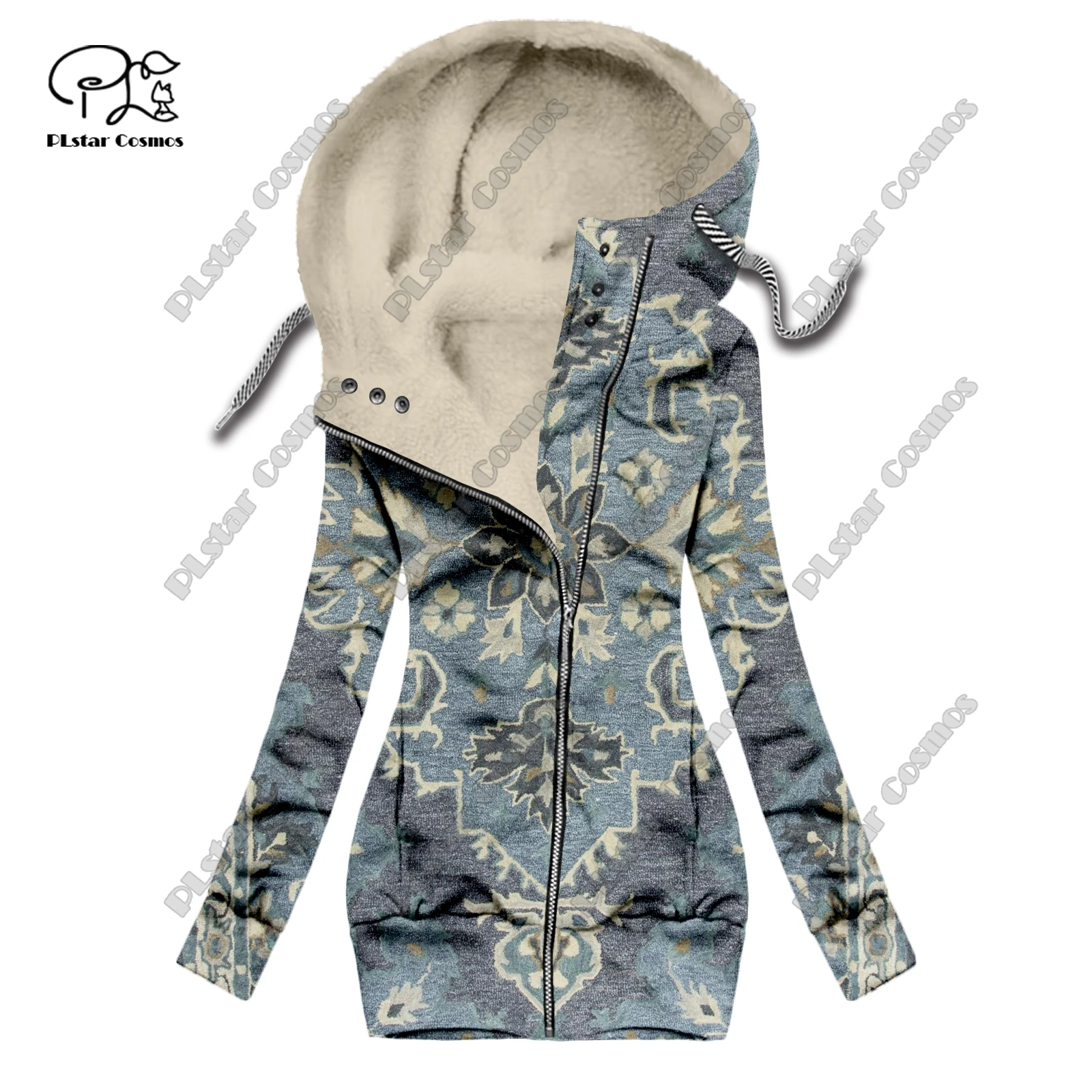 New 3D printing retro series carpet print pattern plus velvet warm women's long zipper hoodie jacket commuting casual winter F-3