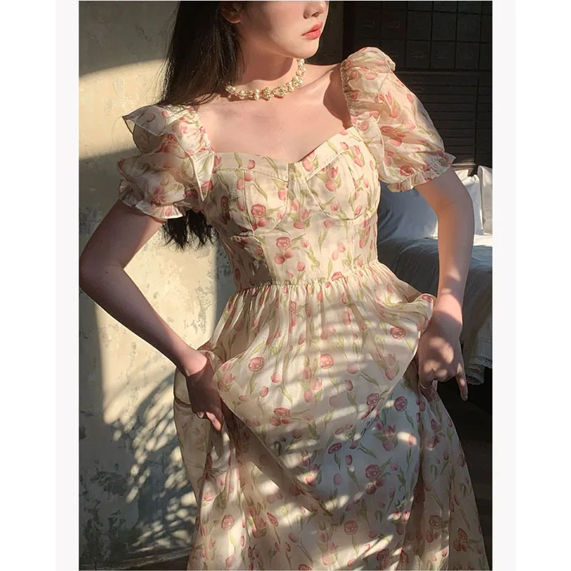 

Floral Chiffon Dress for Women Puff Sleeve Square Collar Elegant Party Dresses fashion Sweet Fairy Slim French Sexy dress Hot