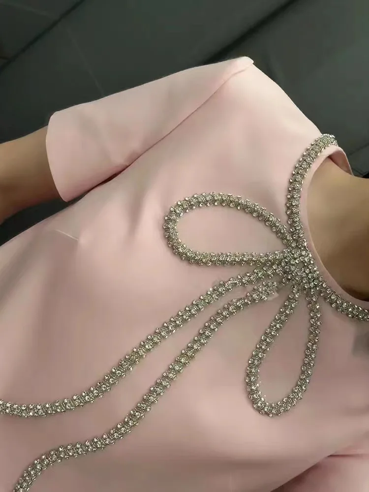 Fashion Short Dress Hotsweet Diamond Beading Bow Solid Color O Neck Elegant A-line Dresses Women 2025 Spring Summer 23A9653
