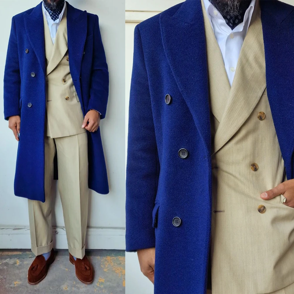 Royal Blue Men Overcoat Suit For Wedding 1 Pcs Woolen Long Jacket Custom Made Winter Thick