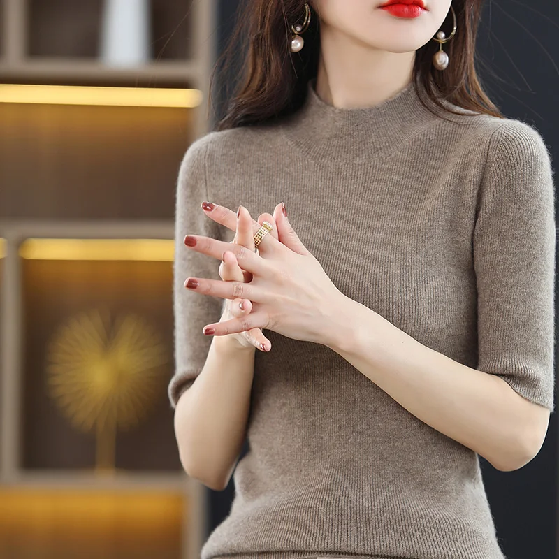 여성용 하프 터틀넥 캐시미어 스웨터, 풀오버 반팔 스웨터, 신상