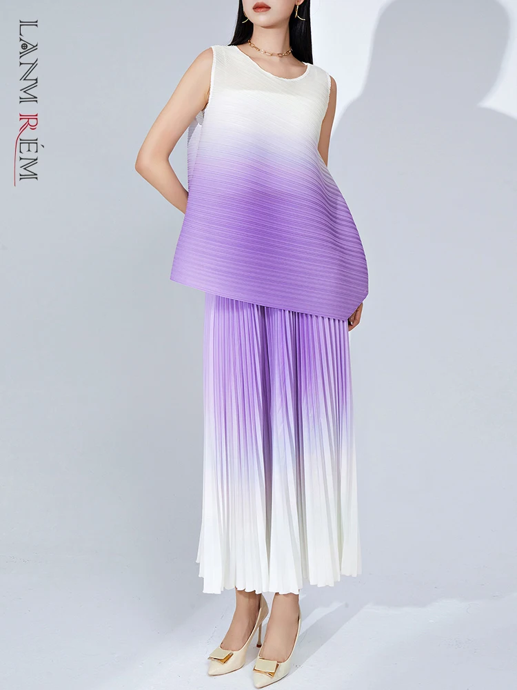 

LANMREM Irregular Gradient Pleated 2 Pieces Set For Women Round Neck Sleeves Tops High Elastic Waist Fold Skirts 2023 2YA3504