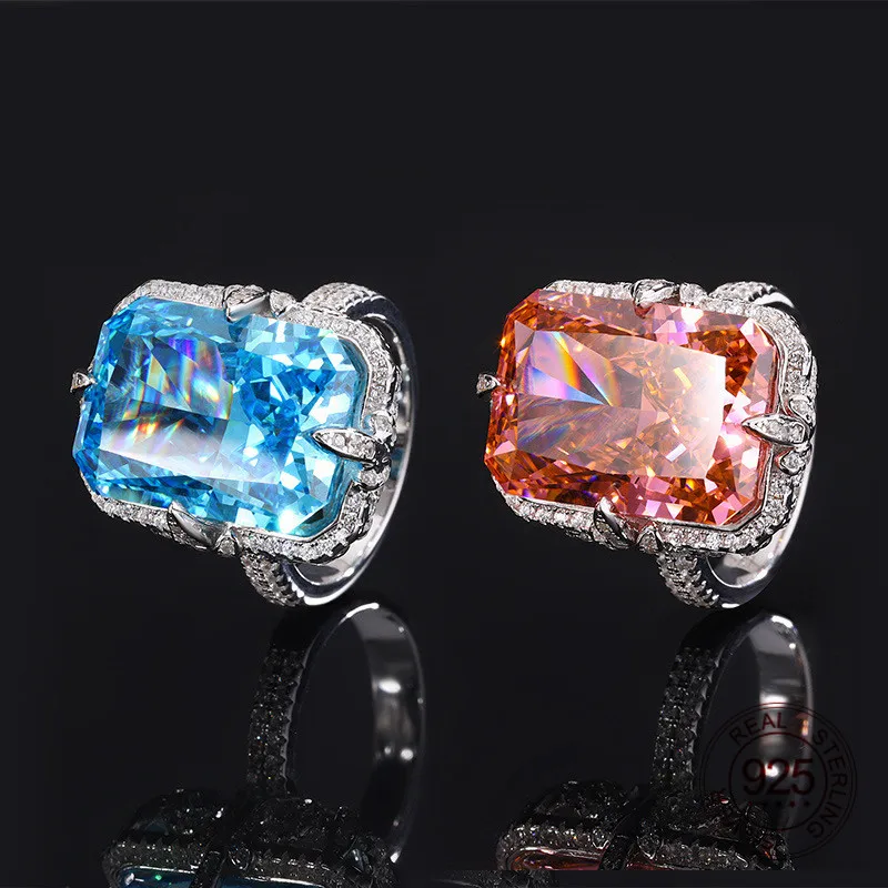 

Sterling 925 Silver Luxury Shiny Jewelry Rectangle Shape Blue Aquamarine Orange High Carbon Diamond 5A Zircon Ring