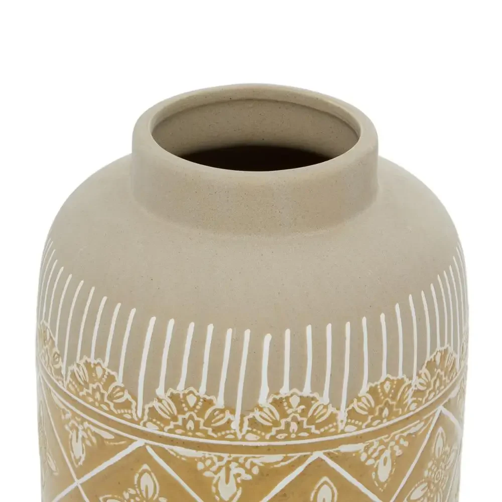 Boho Beige Ceramic Vase Set of 2 Handmade Floral Pattern Home Decoration - Image 4