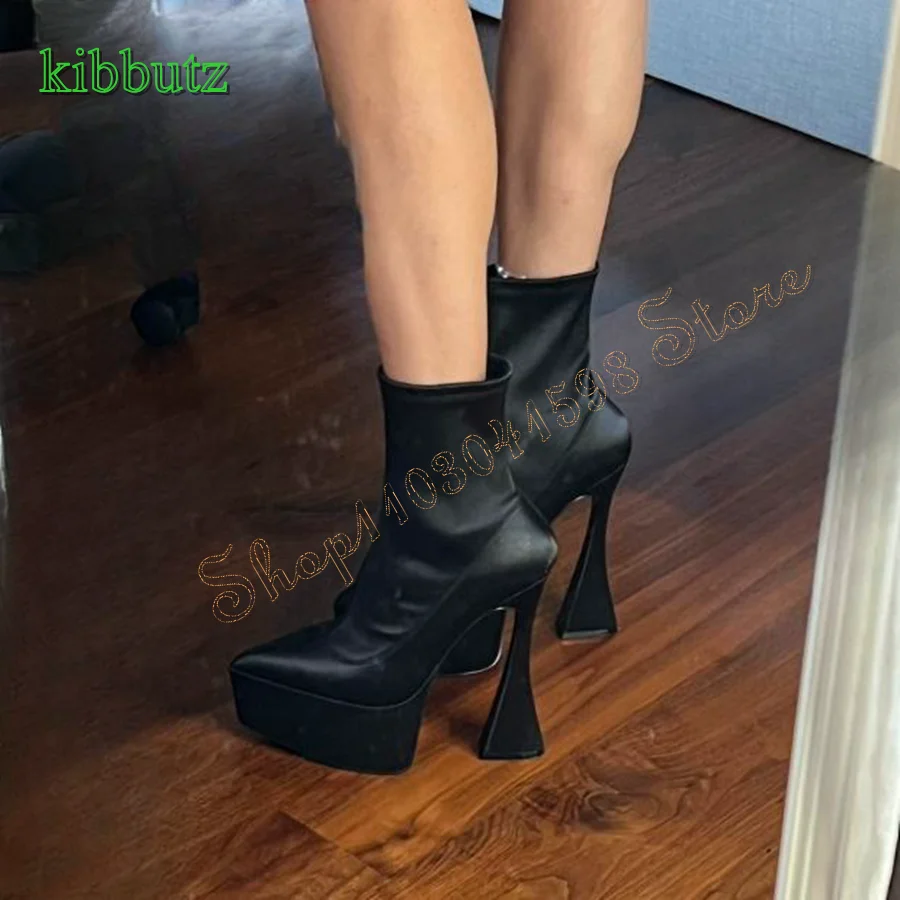 

Thick Sole Pointed Toe Mid Calf Boots,Black Tapered Leather Women's Boots Fashion HIgh Heel Boots 2024 New Zapatos Para Mujere