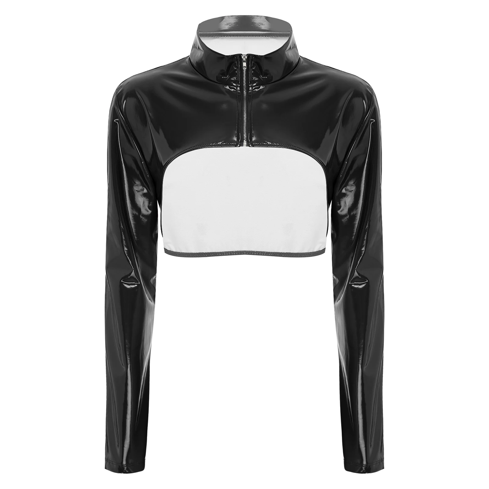 thumbnail image 1 of Top corto de charol brillante para mujer, cuello levantado, manga larga, cremallera frontal, manga en el brazo, Top ajustado, ropa para fiesta Rave, 1 of 5