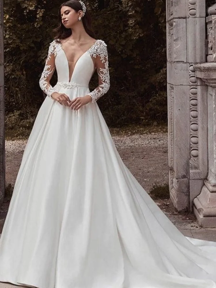 

Classic A Line Wedding Dress Satin V Neck Full Sleeves With Lace Applique Backless With Sweep Train Bridal Gowns For Bride
