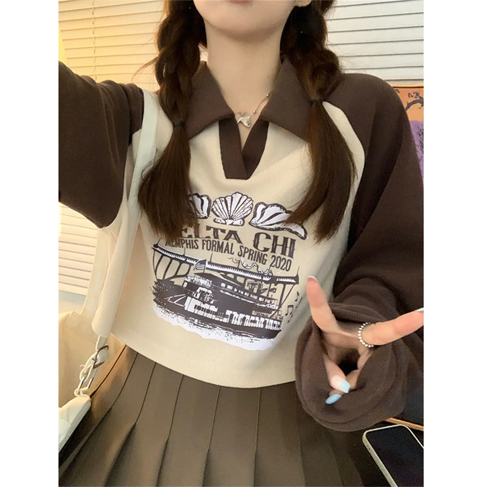 

V-Neck Patchwork Printing T-Shirt Women Harajuku Kpop Cool Short Tops Loose Sweatshirt Student Girl Loog Sleeve Hoodie