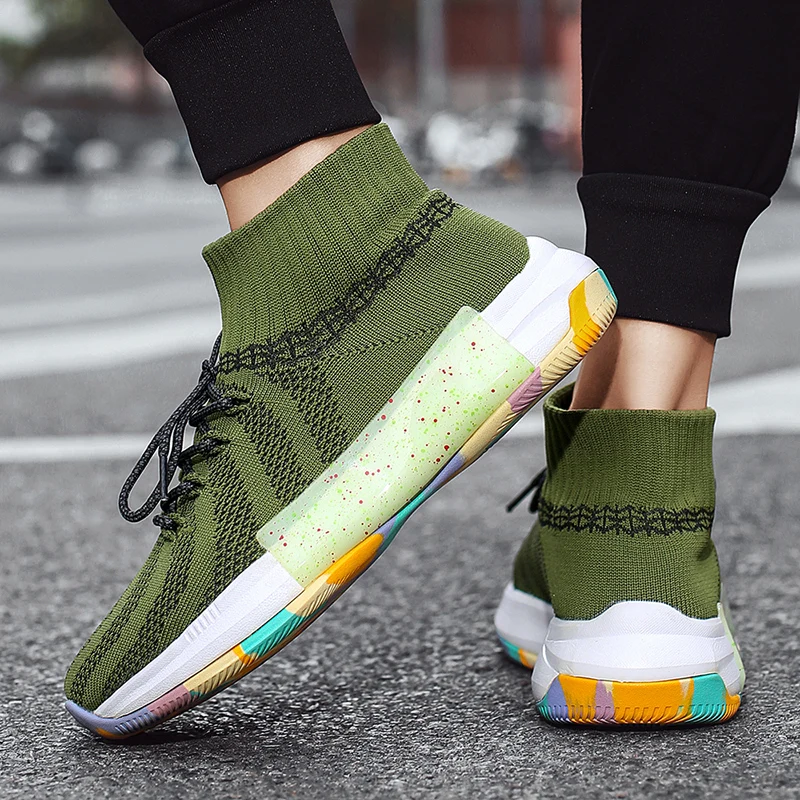 

Mens Sneakers Summer Slip-On High Tops Sneakers Black White Brand Fashion Breathable Man City Leisure Sock Shoes Tennis Trainers