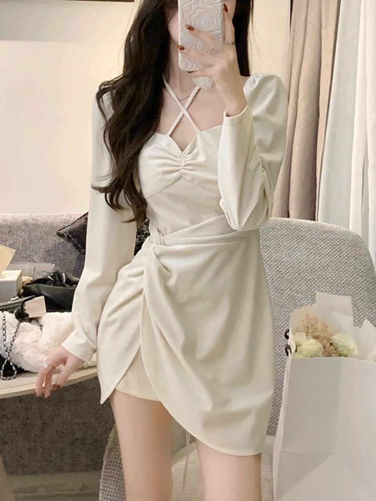 

2023 Autumn French Elegant Mini Dress Women Office Lady Sexy Fairy Y2k Dress Color One Piece Korea Fashion Long Sleeve Dresses