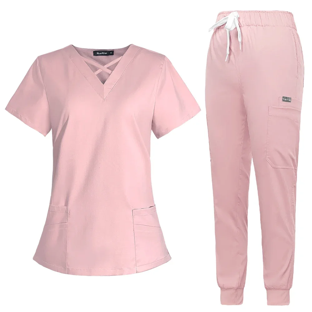 

Joggers Scrubs Set for Women Pet Hospital Uniform Solid Color Scrub Suits Surgical Gown Multiple Pockets V-neck