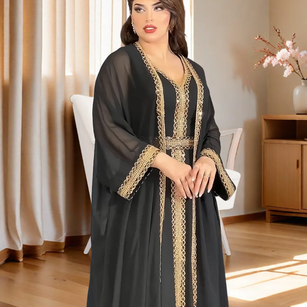

Abayas Дубай Роскошные мусульманские женщины 2 шт. комплект платья Рамадан кимоно хибая халат Caftan Marocain Femme Musulman открытый Abaya кафтан