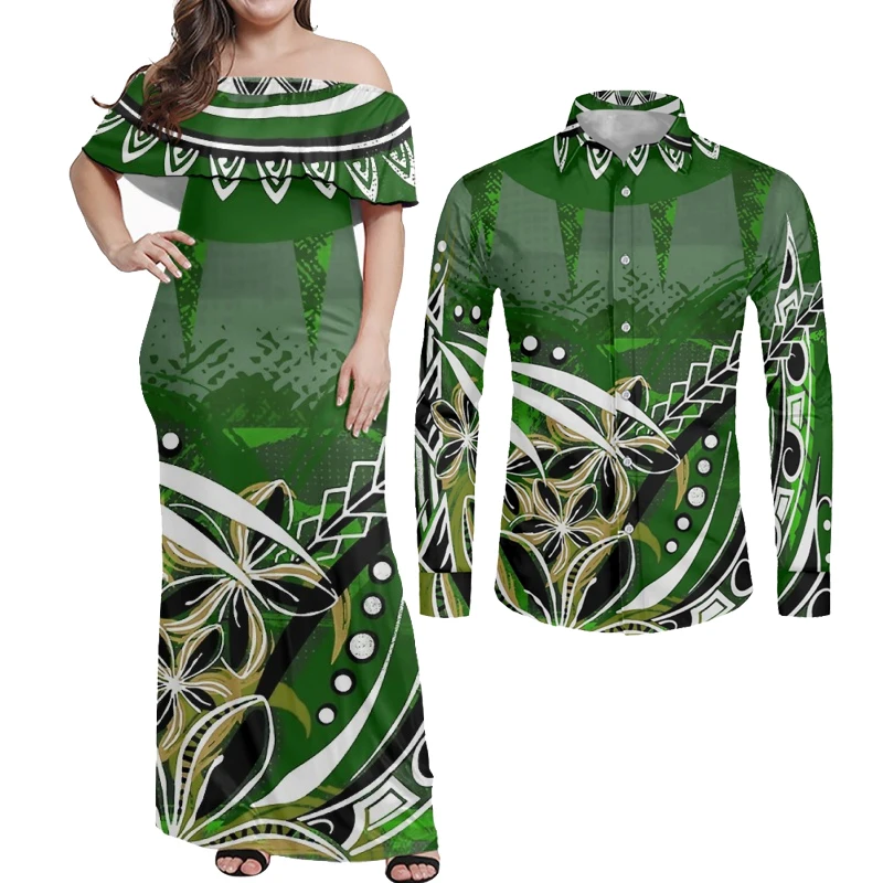 

Cumagical Print On Demand Polynesian Samoa Tribal Couple Matching Clothes Sexy Off Shoulder Long Bodycon Dress For Women