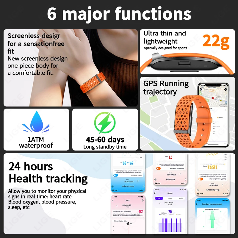 2025 New Smart Health Wristband Fitness Tracker Screenless Smart Watch for Men Women Sports Heart Rate Monitor Activity Bracelet 6