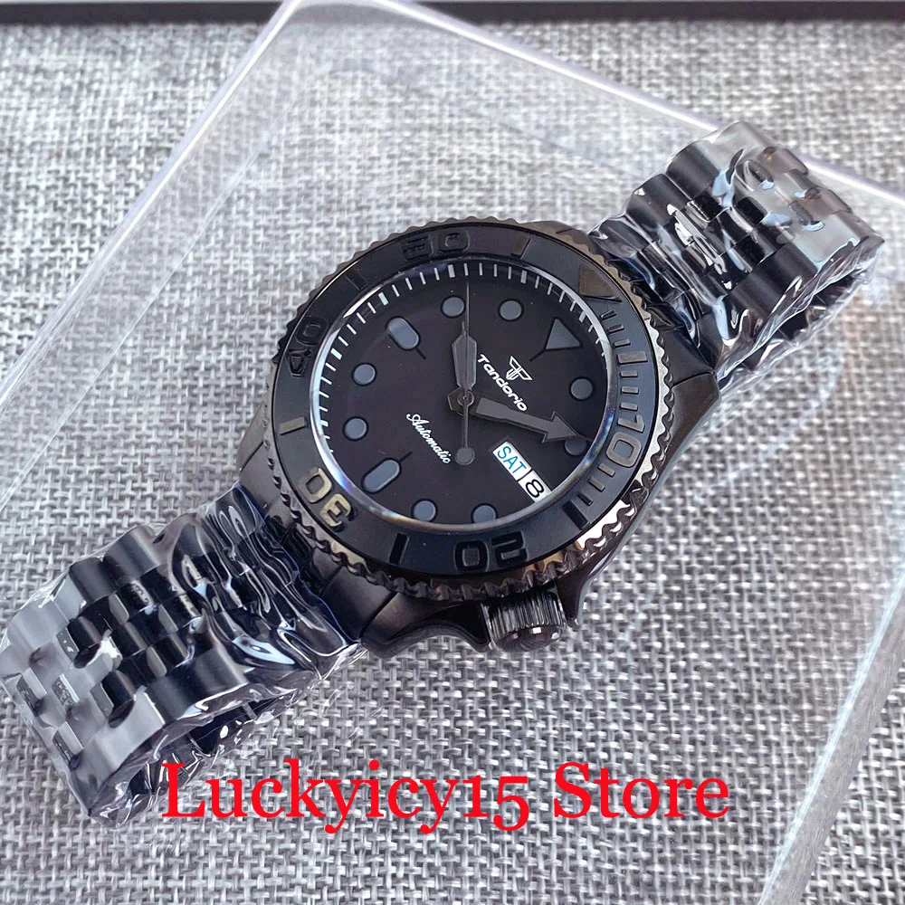 Diver 20bar Waterproof Tandorio 41MM Black PVD Watch Black Automatic NH36A Men Watch Double Date Display Dome Sapphire Glass
