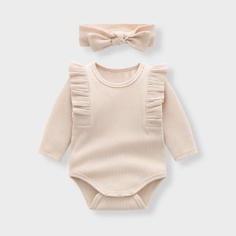 Spring Newborn Infant Baby Girls Romper + Headband Muslin Ruffle Long Sleeve Rompers Kids Onepiece Cotton Baby Clothing Garment