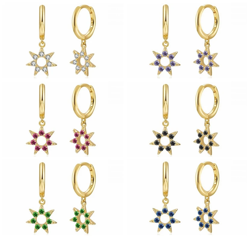 

925 Sterling Silver Needle Colorful Crystal Star Hoop Earrings for Women Hollow Out Star Pendant Earrings Birthday Gift Jewelry