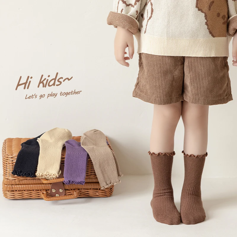 Pure Cotton Children's Socks Girls Pile Up Socks Spring and Autumn Wooden Ear Edge Baby Long Tube Lace