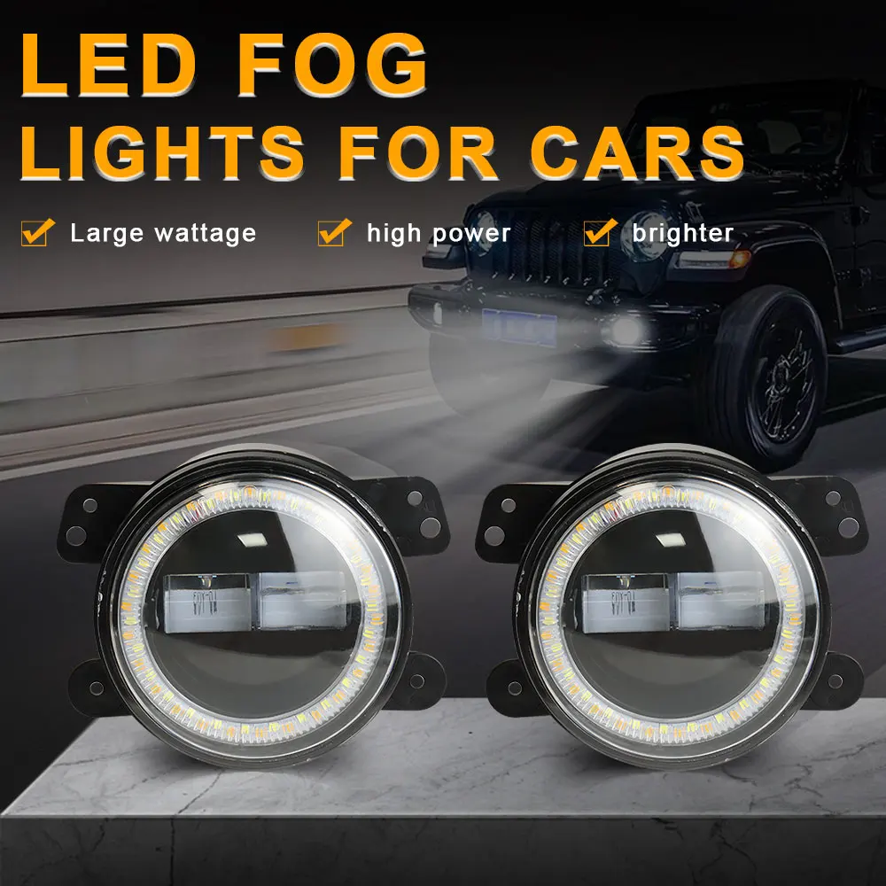 지프 랭글러 JL JK, 닷지 오프로드 여행용 2개 4인치 LED 안개등, 100W 노란색/흰색 안개등 DRL 엔젤아이즈 (크라이슬러용)