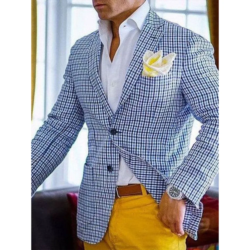 Men New Casual Large Size Suit Jacket Blue and White Stripes with Two Buttons Men's Formal Jacket Blazer