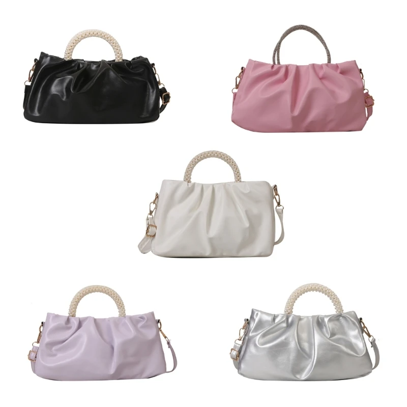 Elegant Ruched Crossbody Bag for Women Korean Shoulder Bag Pearl Handbag E74B